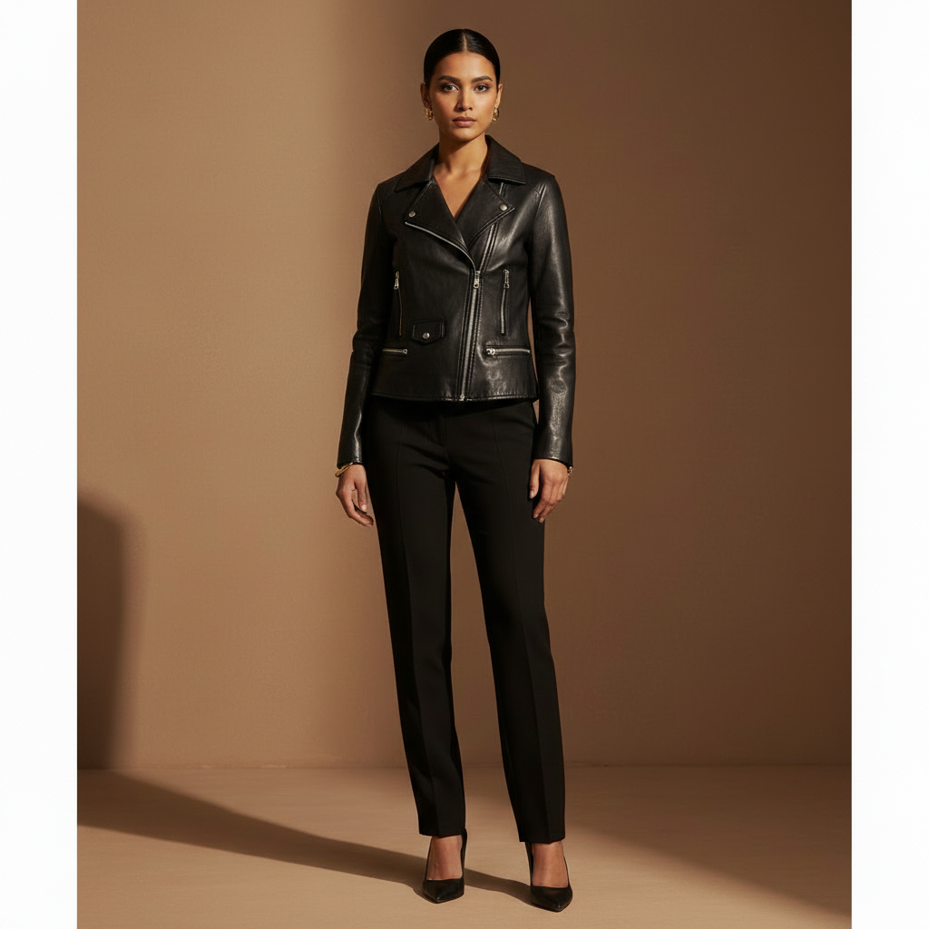 Model wearing a premium black leather biker jacket with subtle silver hardware