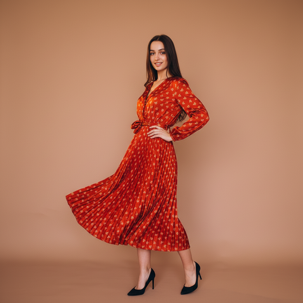 Model wearing a red printed midi one-piece dress in a standing three-quarter editorial pose