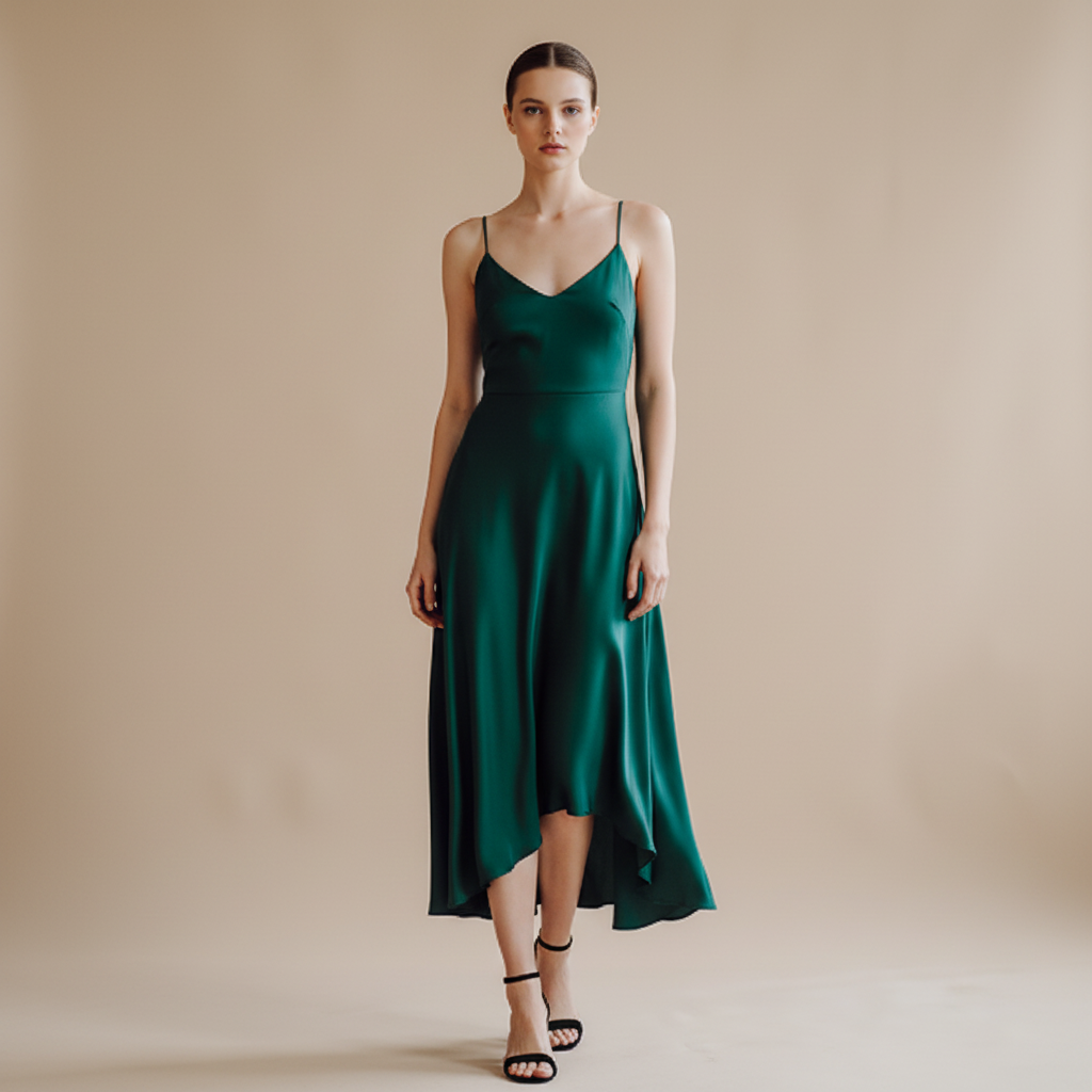 Model wearing a deep emerald satin asymmetric one-piece midi dress in a front-facing editorial pose