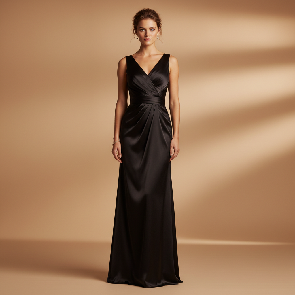 Model wearing the Noir Draped Satin Gown in black, front view