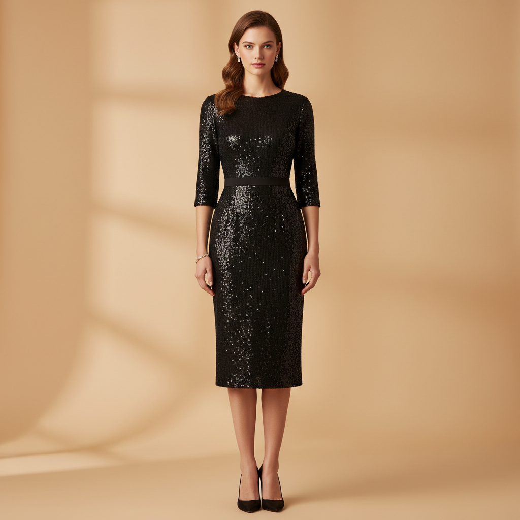 Model wearing the Luna Sequin Cocktail Dress in black, front view