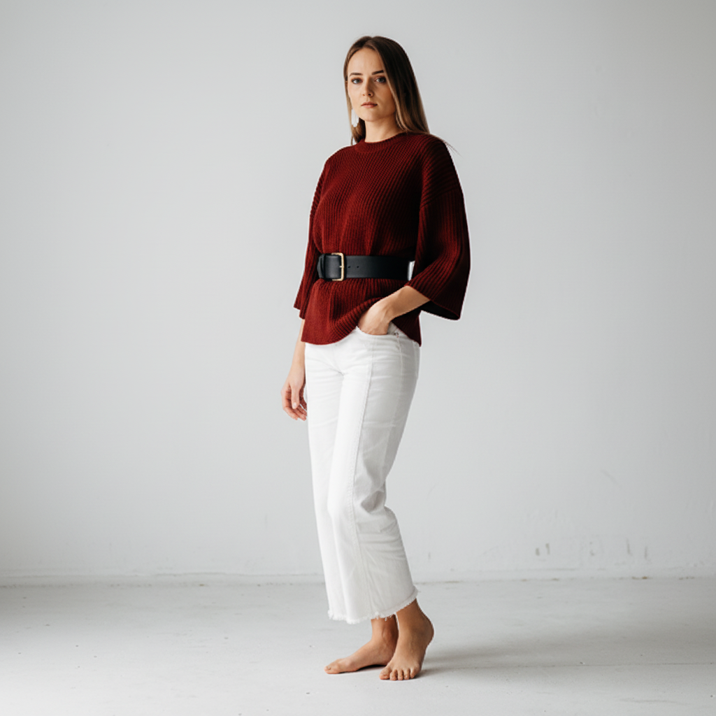 Model wearing a burgundy knit top with ivory trousers in a standing three-quarter editorial pose