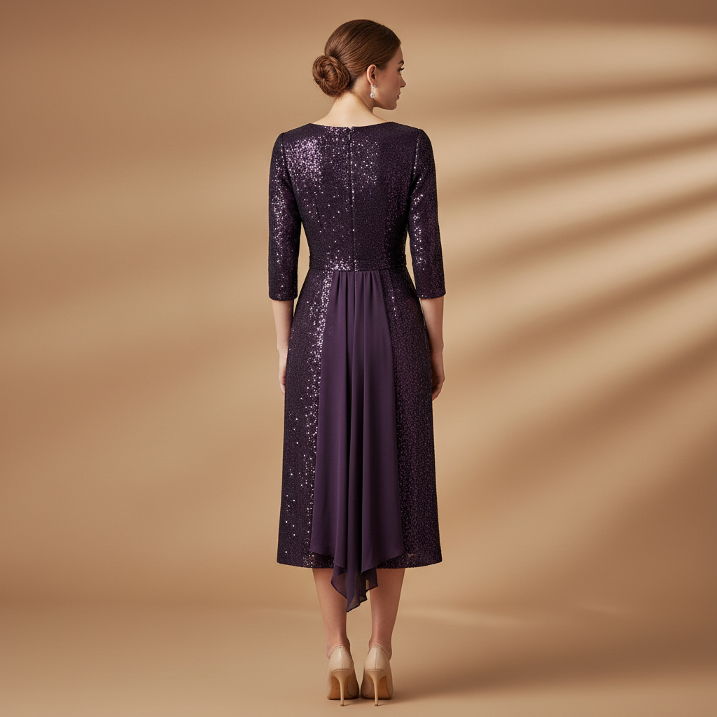 Model wearing the Luna Sequin Cocktail Dress in purple, back view and fabric detail