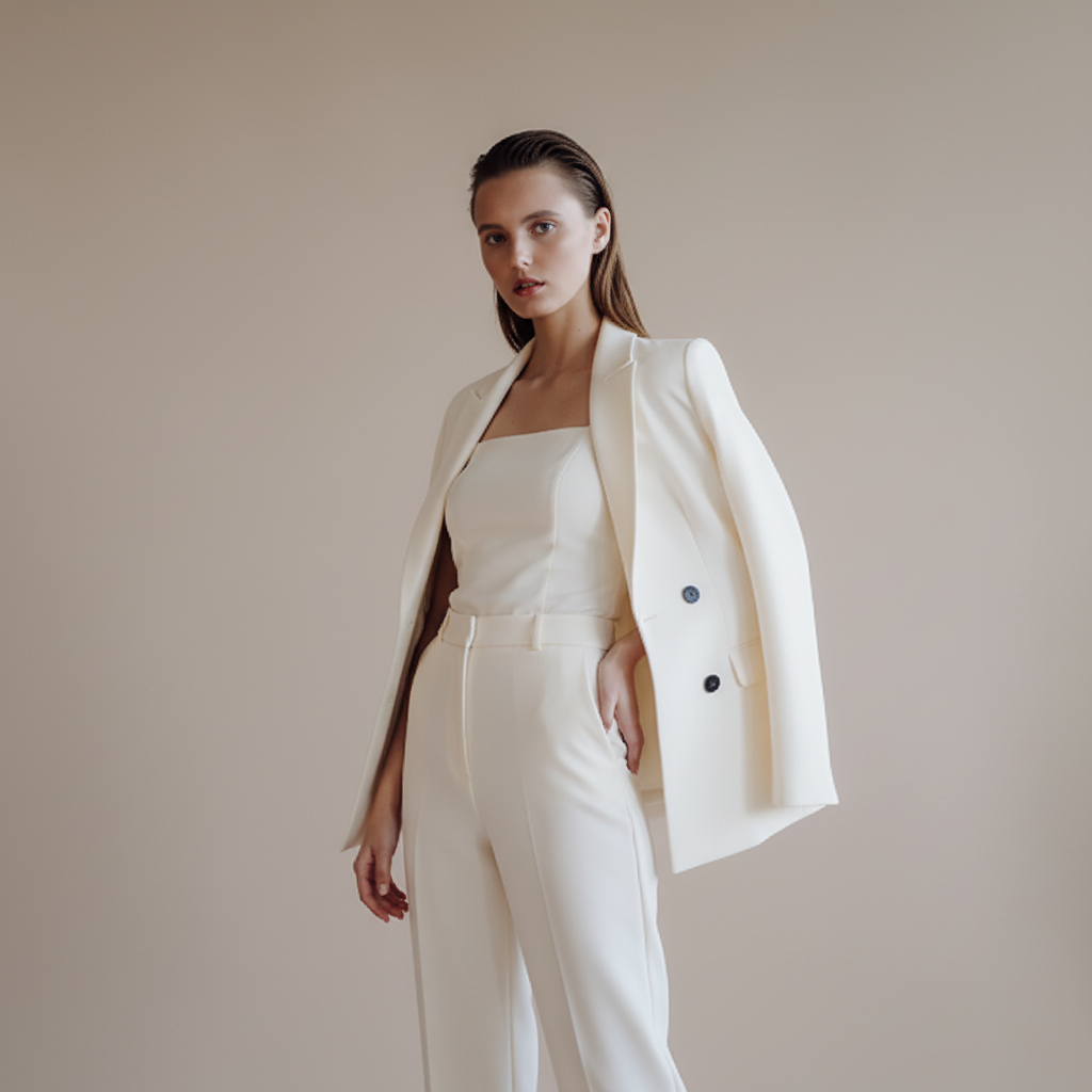 Model wearing an ivory tailored formal blazer with matching trousers in a standing three-quarter pose