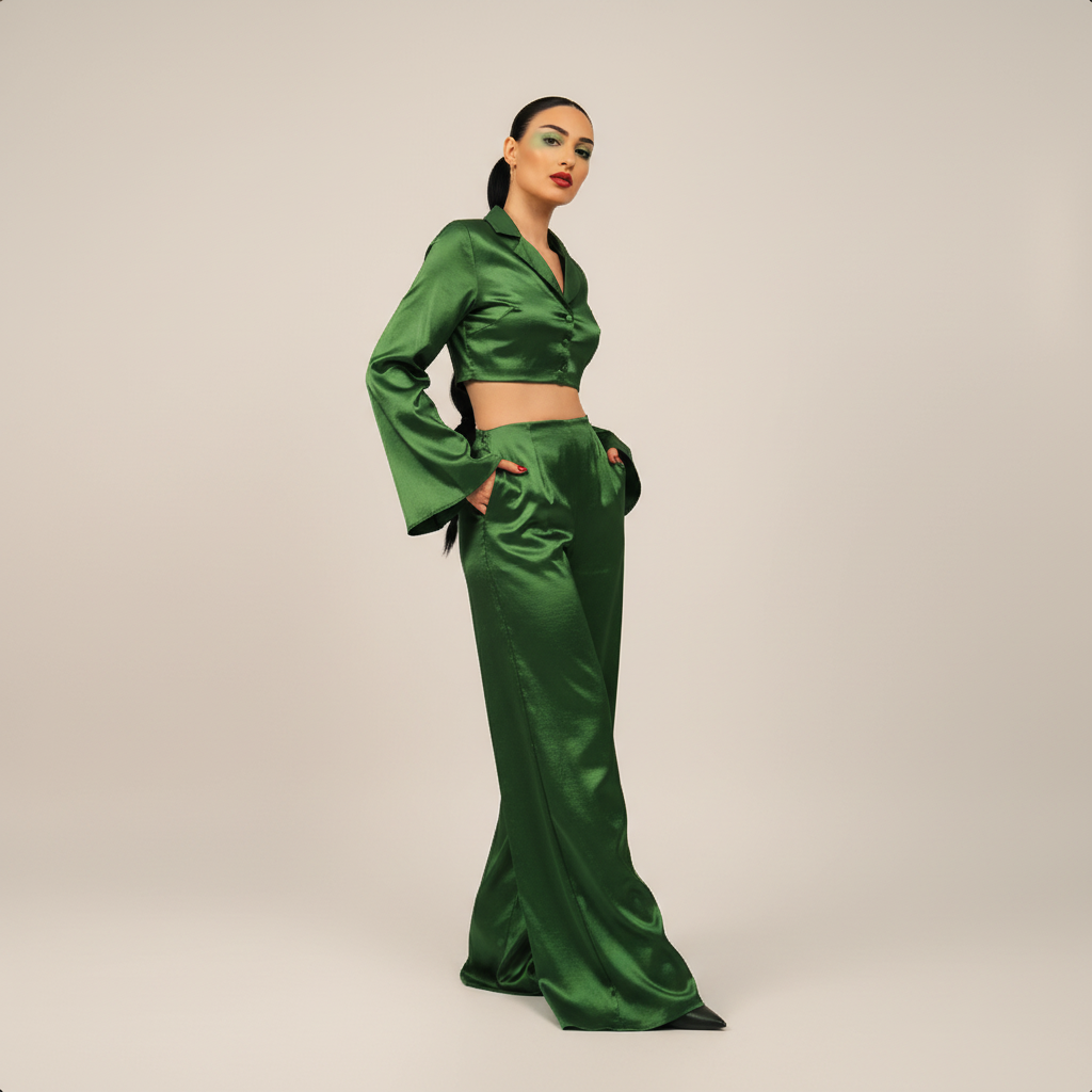 Model wearing an emerald green satin co-ord set in a standing editorial pose