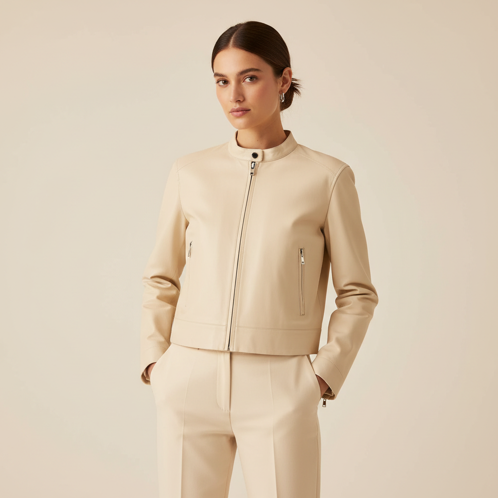 Model wearing an ecru cropped leather jacket against a soft ivory background