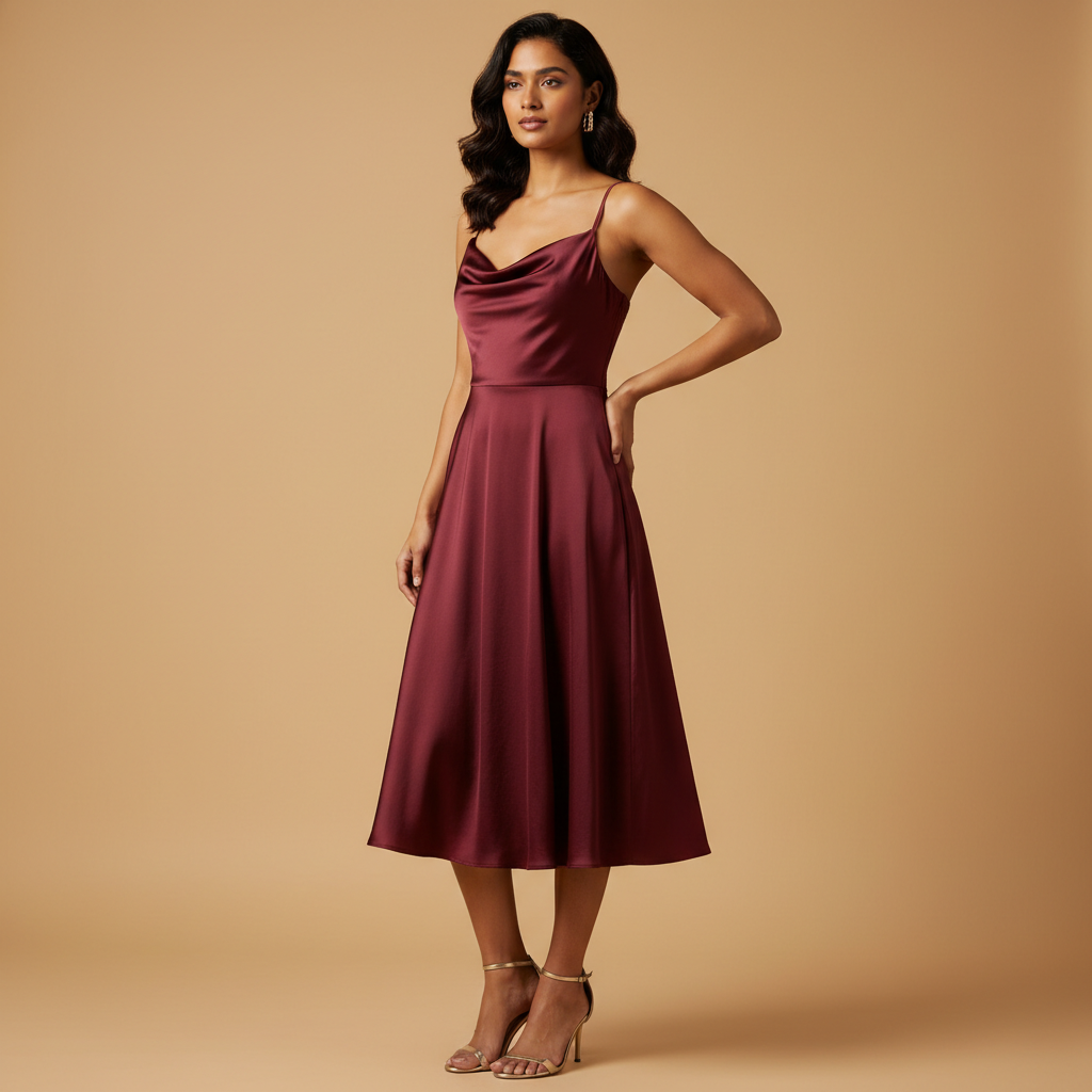 Model wearing the Midnight Satin Party Dress in burgundy, three-quarter view