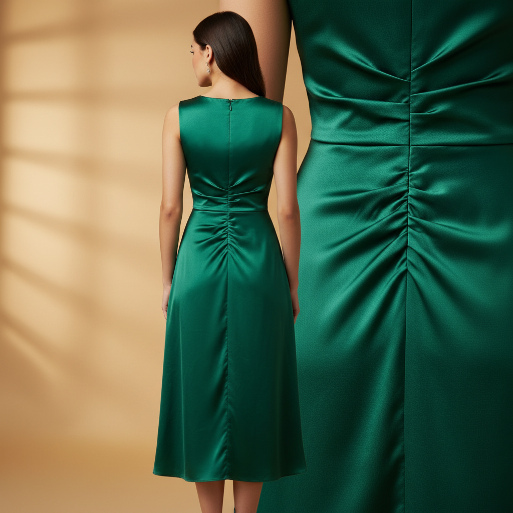 Model wearing the Midnight Satin Party Dress in emerald, back view and fabric detail