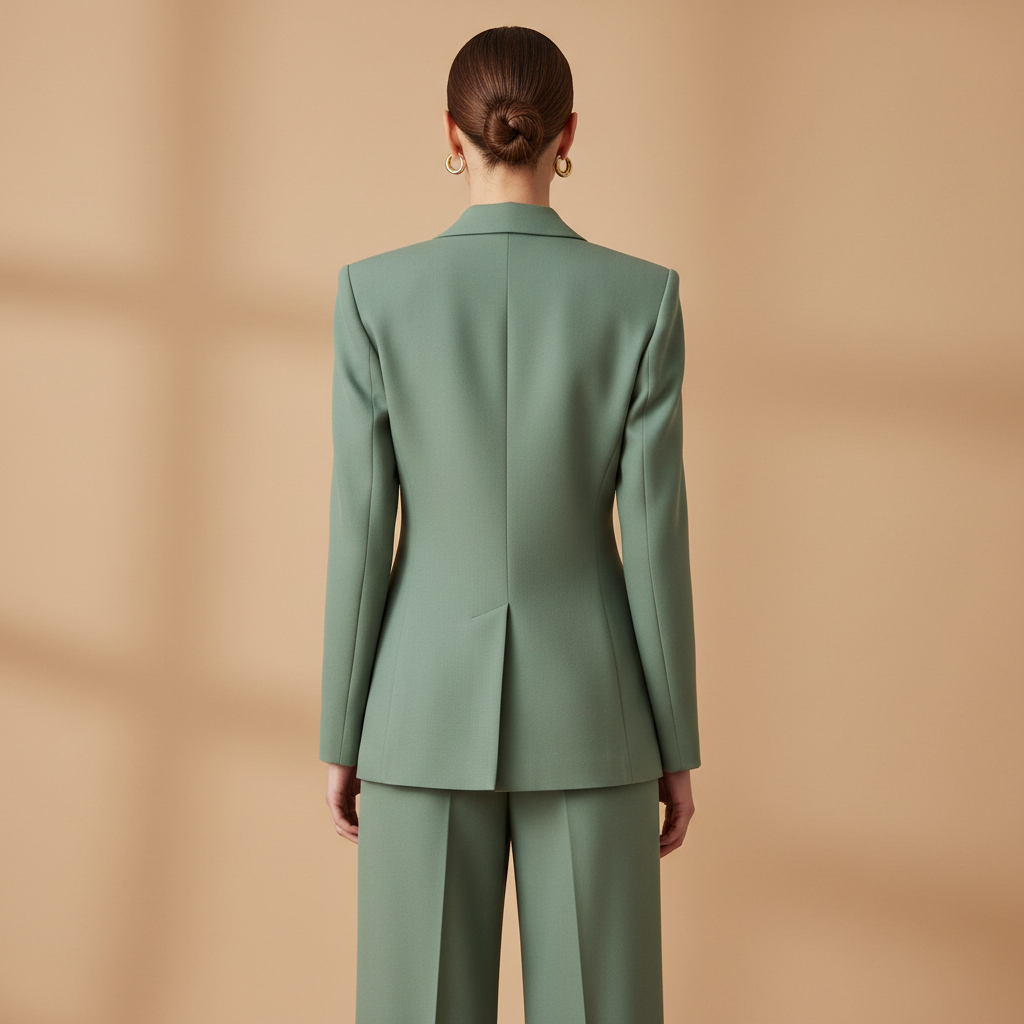 Model wearing the Sculpted Tailoring Co-ord Set in sage, back view and tailoring detail